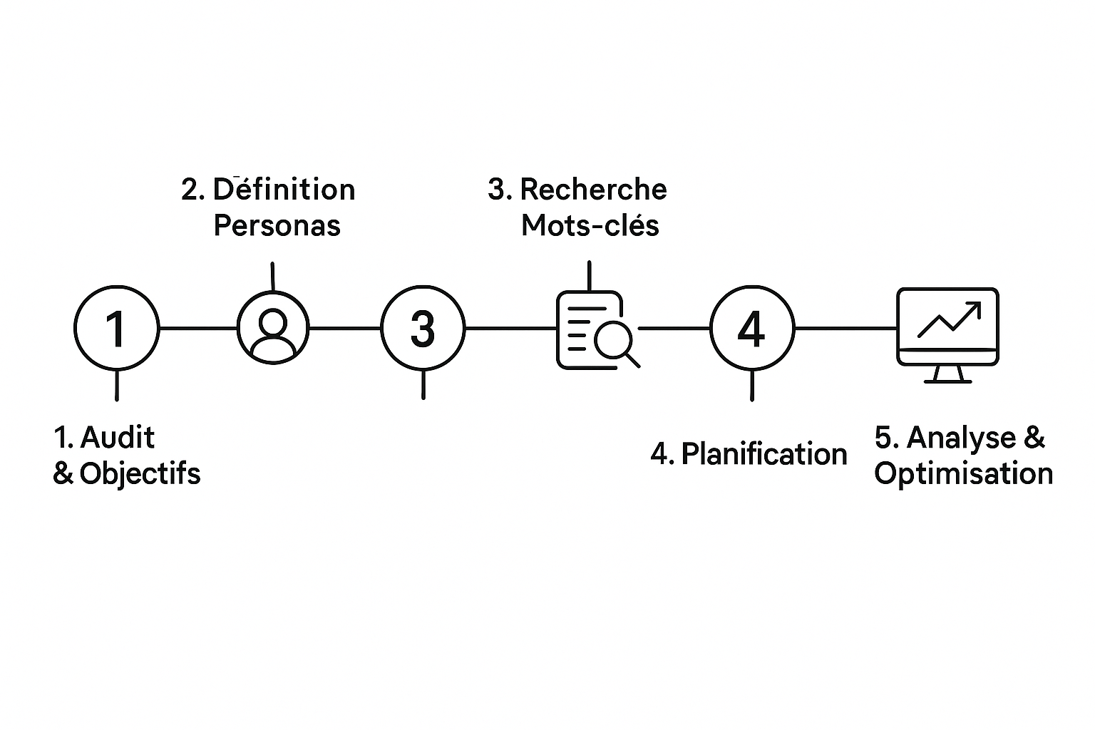 Les 5 étapes de la méthodologie pour créer un plan éditorial : de l'audit initial à l'optimisation continue.