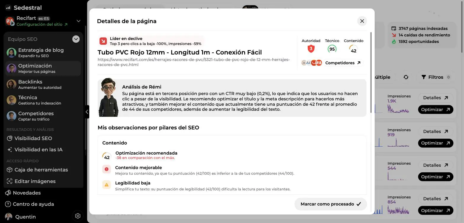 Ventana Detalles de la página con las puntuaciones de autoridad, técnico y contenido, el análisis de Rémi y sus observaciones por pilar SEO