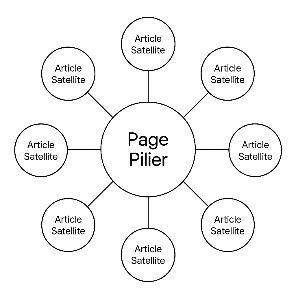 Diagramme du modèle de topic cluster SEO montrant une page pilier centrale reliée à plusieurs articles satellites.