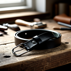 Ceinture en cuir noir artisanale posée sur un établi d'atelier avec une lumière naturelle douce.
