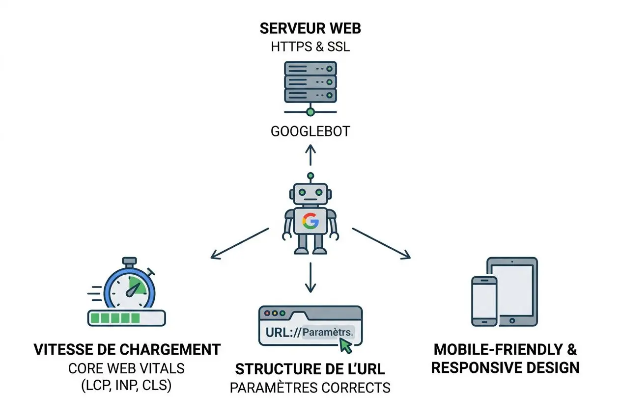 Diagramme explicatif du référencement: robot GoogleBot central reliant vitesse de chargement, structure URL et design mobile-friendly pour optimiser le SEO. Intègre comment optimiser son seo.