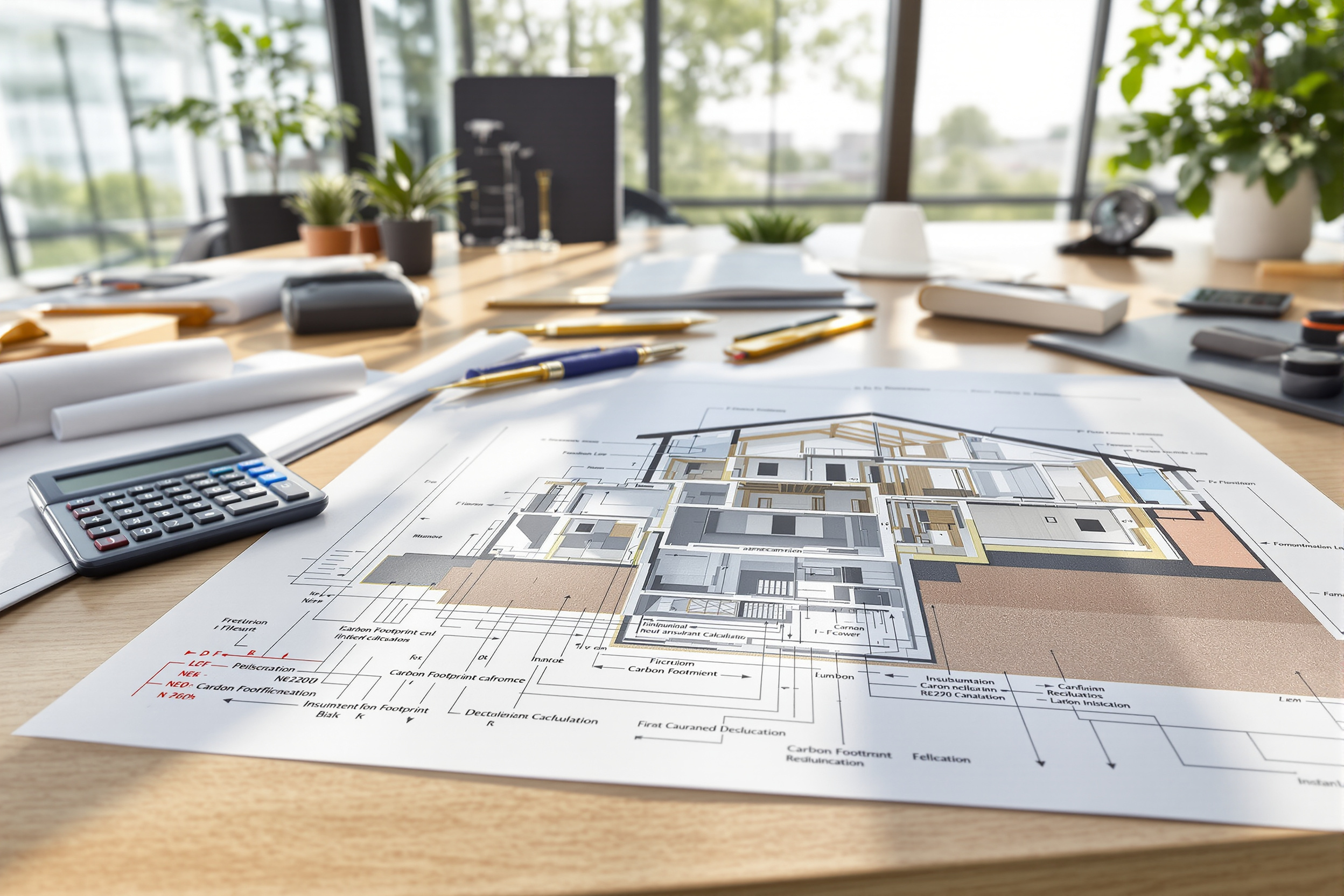 Plan architectural détaillé avec calculs carbone RE2020