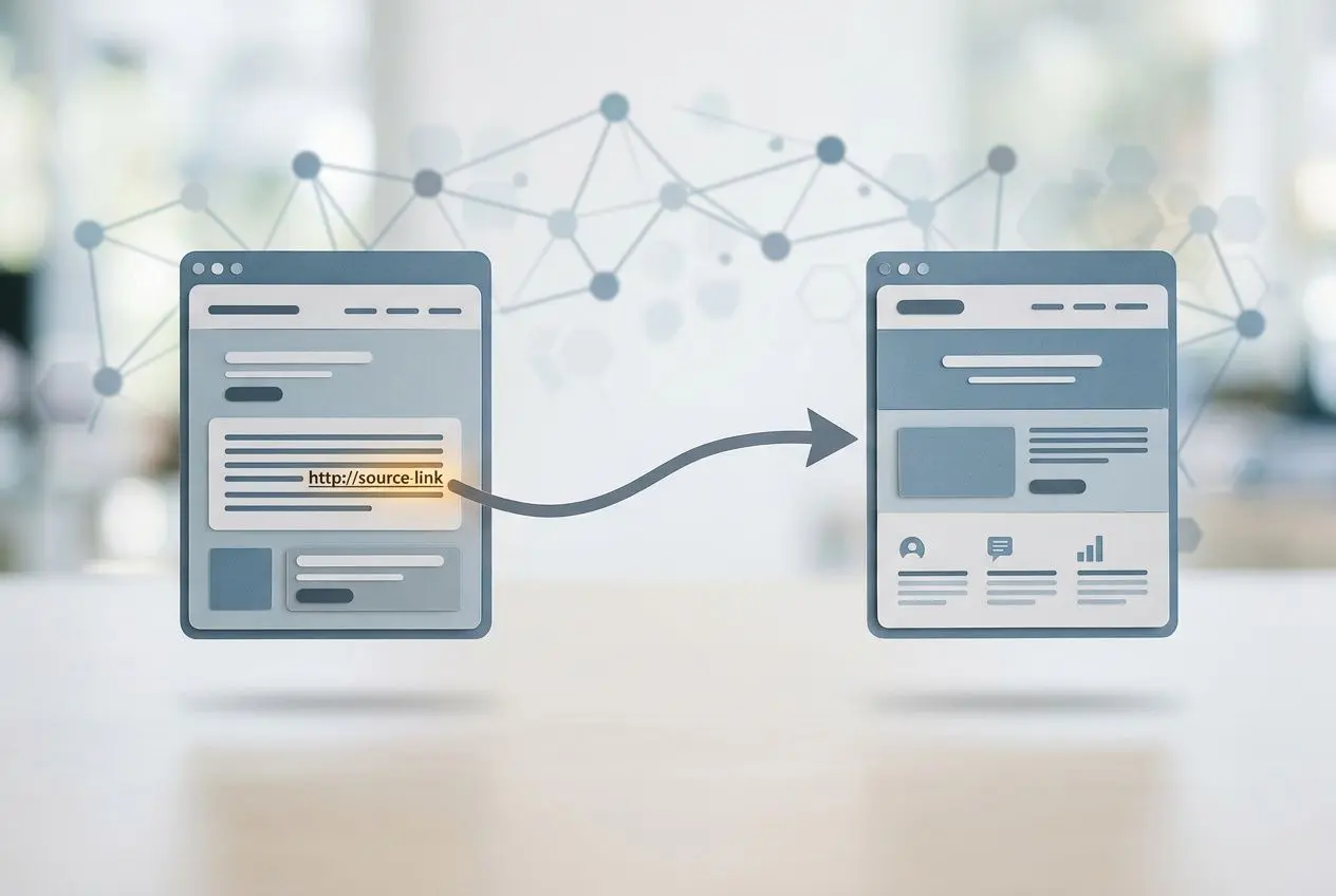 Illustration de deux pages web avec un lien source entrant dans une autre page, symbole de création d’une campagne de backlinks.