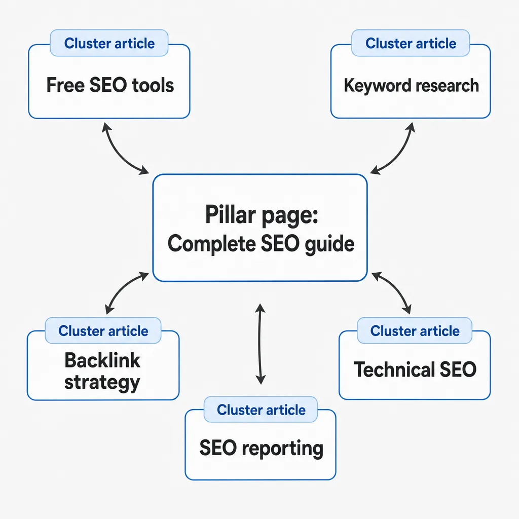 Diagram of the pillar and cluster model in SEO, with a central pillar page linked to several supporting cluster articles.
