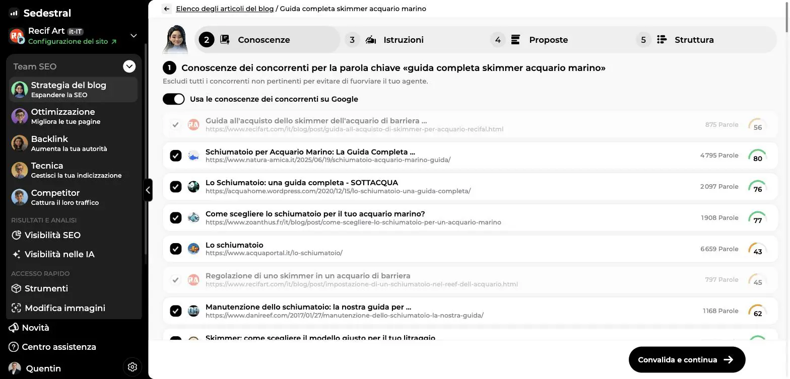 Passo Conoscenze con l'elenco dei concorrenti su Google, il numero di parole e il punteggio contenuto di ciascuno