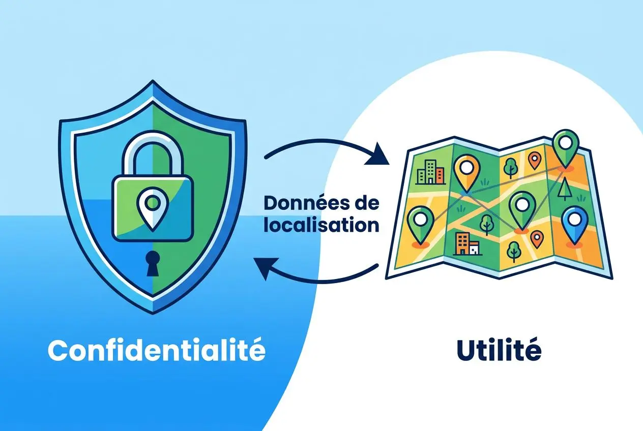 Confidentialité et utilité des données de localisation : icône bouclier avec cadenas et carte indiquant l’historique des positions Google. historique positions google importance