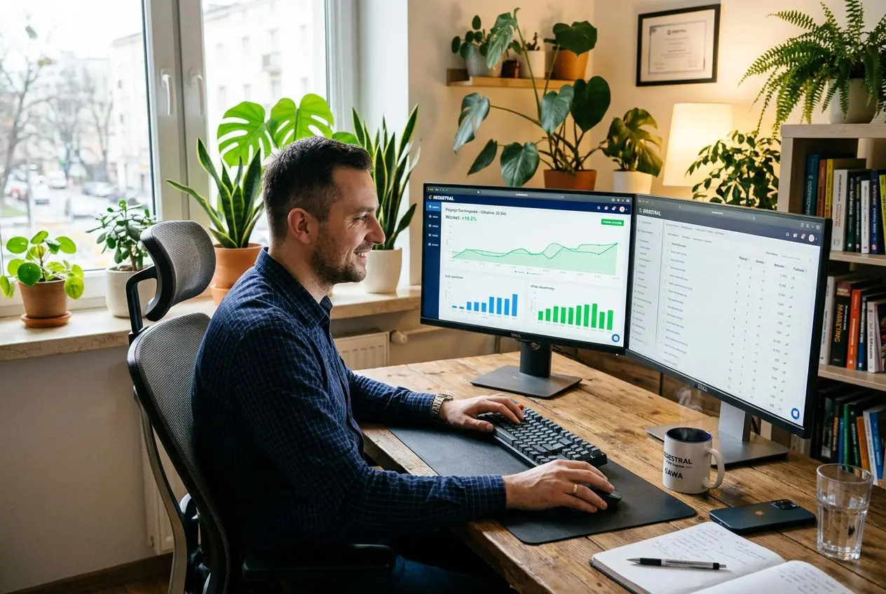 Przedsiębiorca analizujący dane SEO na platformie autopilota