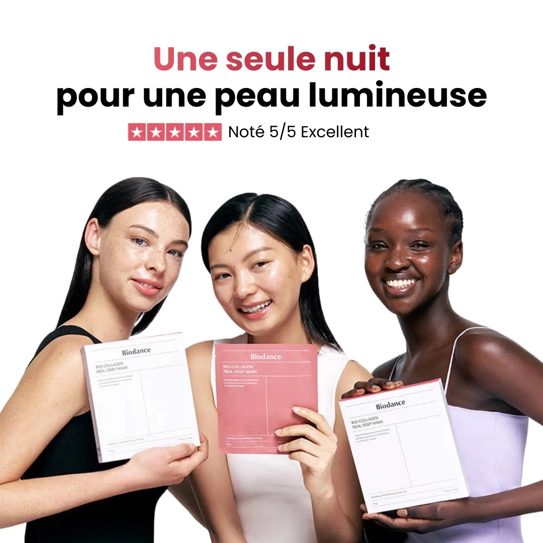 Trois femmes souriantes posent avec des boîtes de produits Biodance, ambiance publicité beauté lumineuse et notes 5/5 Excellent.