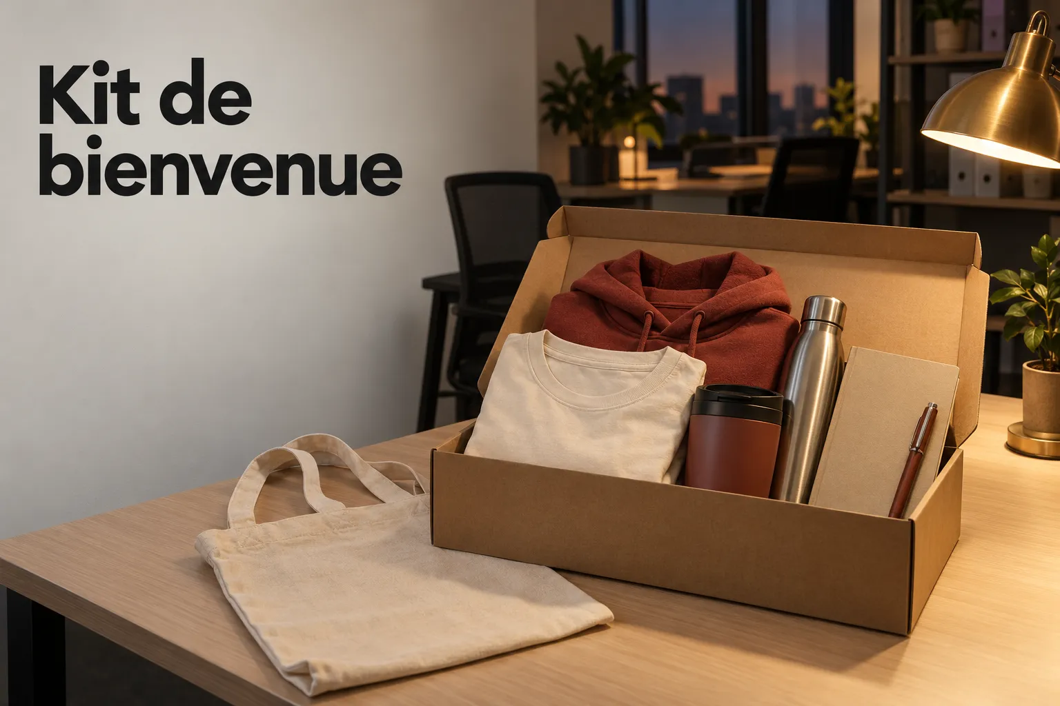 Kit de bienvenue d'entreprise dans une boîte kraft : t-shirt, sweat à capuche, mug isotherme, gourde inox, carnet et stylo, avec un tote bag