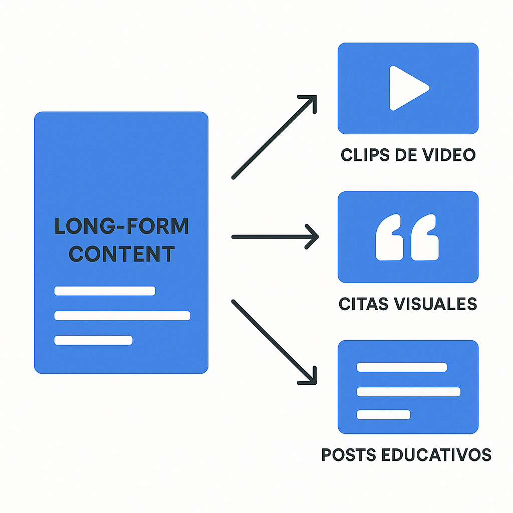 Ilustración del proceso de convertir contenido de formato largo en microcontenido para redes sociales, mostrando la fragmentación de un bloque principal en varias piezas más pequeñas.