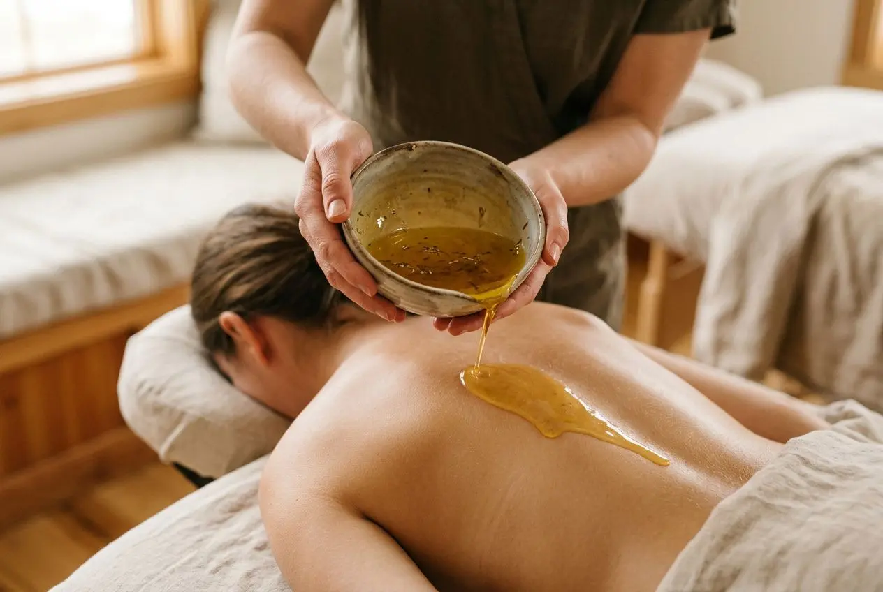 Rituel d’abhyanga massage: praticien verseur d’huile chaude sur le dos d’une personne allongée, ambiance calme et spa.