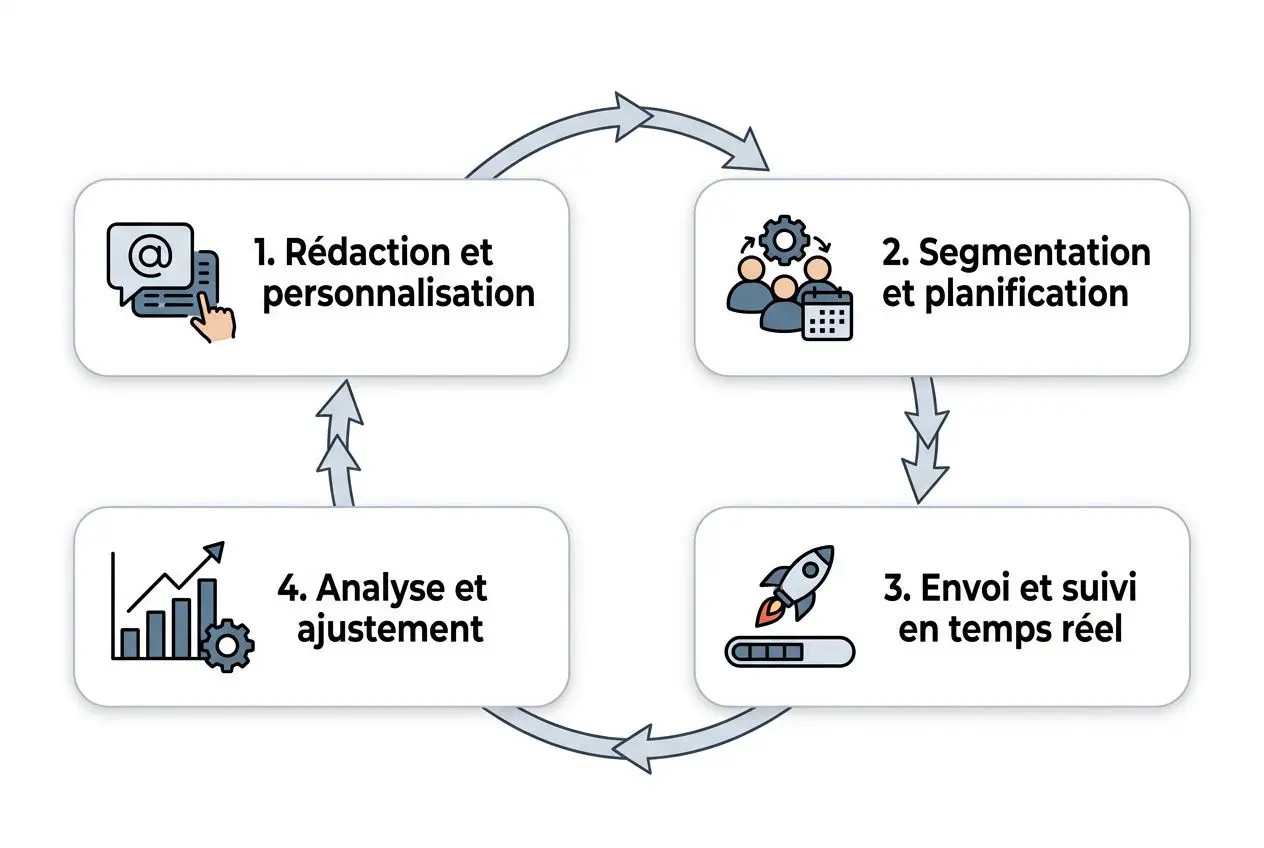 Processus en quatre étapes pour personnaliser un sms marketing : rédaction, segmentation, envoi en temps réel et analyse pour ajustement.