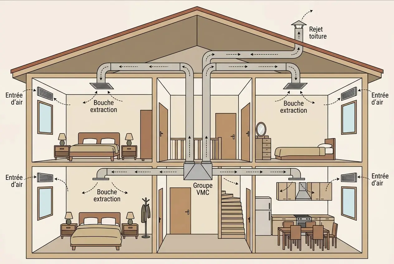 Schéma d’installation de vmc maison individuelle: salle technique centrale reliée à plusieurs réseaux primaire et bouches d’extraction dans les chambres et pièces de vie.