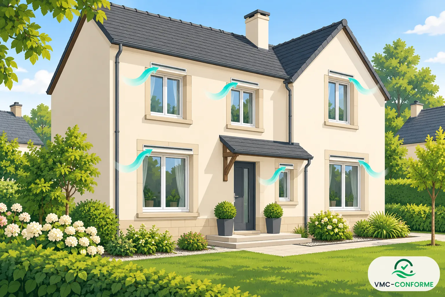 Une maison à deux étages avec des flèches turquoise près des fenêtres représentant la circulation de l’air.