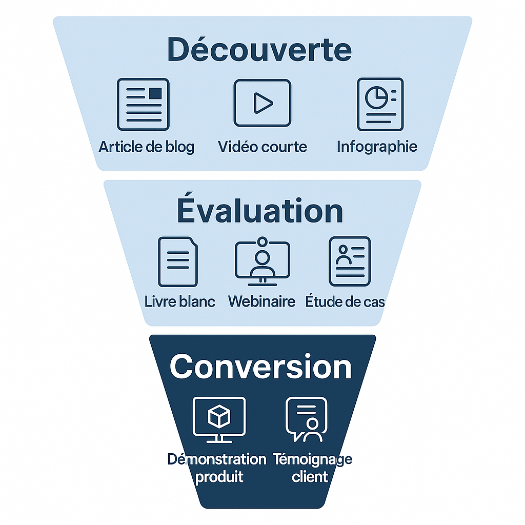 Schéma des formats de contenu adaptés à chaque étape du parcours client : Découverte (articles, vidéos), Évaluation (livres blancs, webinaires), et Conversion (démos, témoignages).