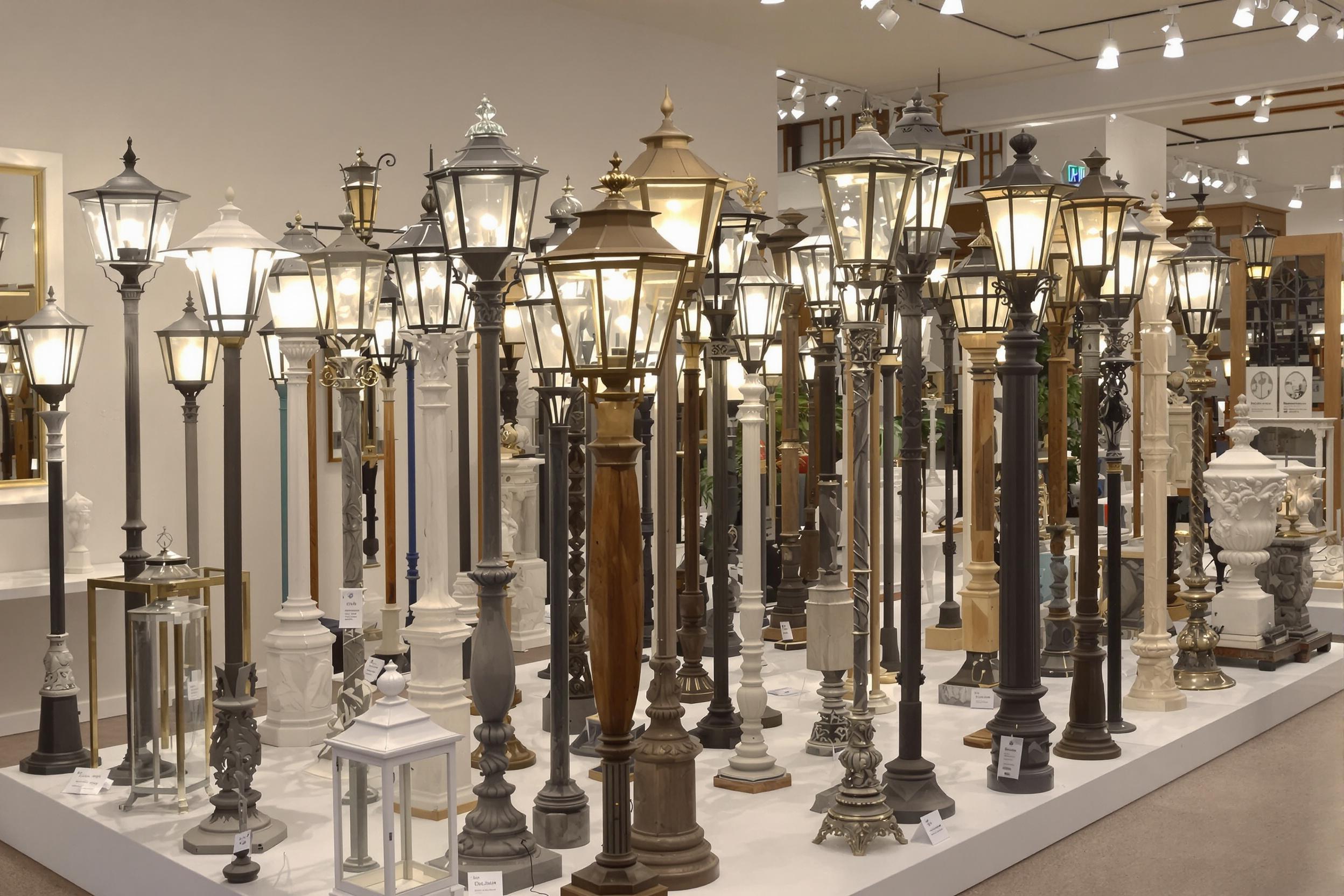 Variety of outdoor lamppost designs in a showroom