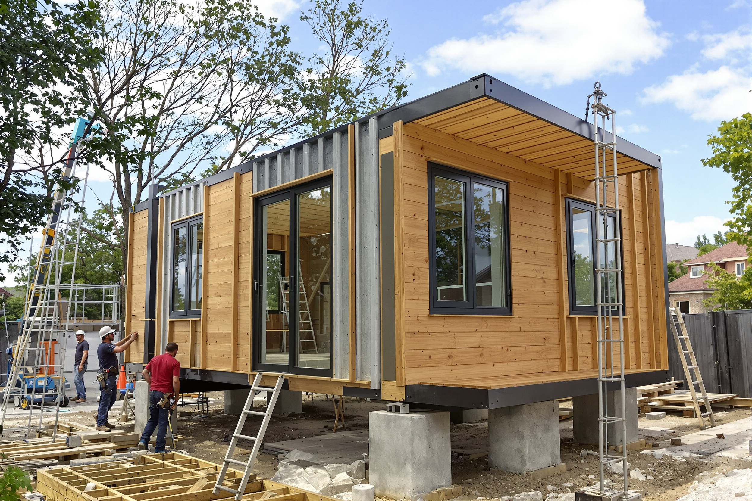 Chalet conteneur en cours d'aménagement avec isolation et bardage