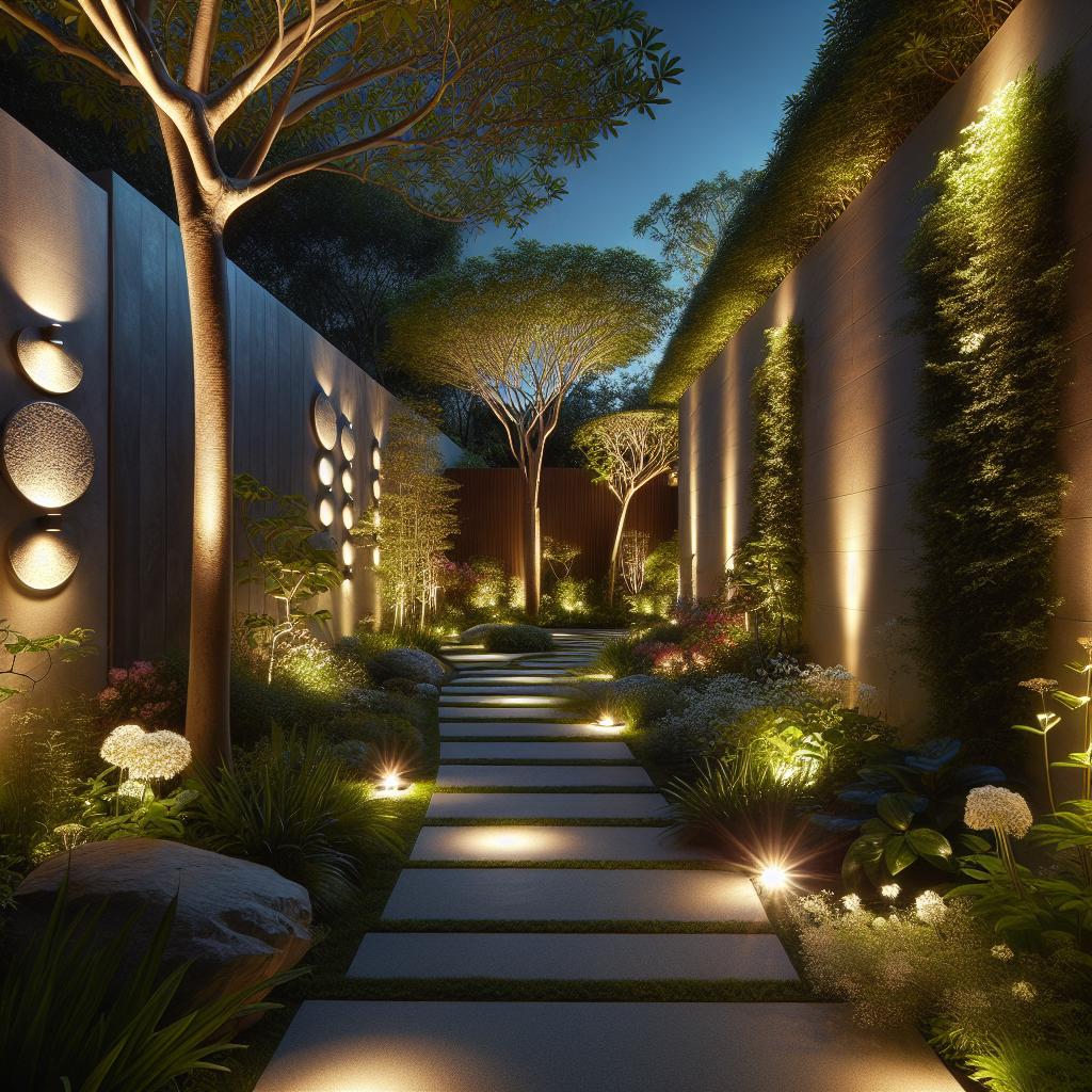 Modern garden with outdoor lighting