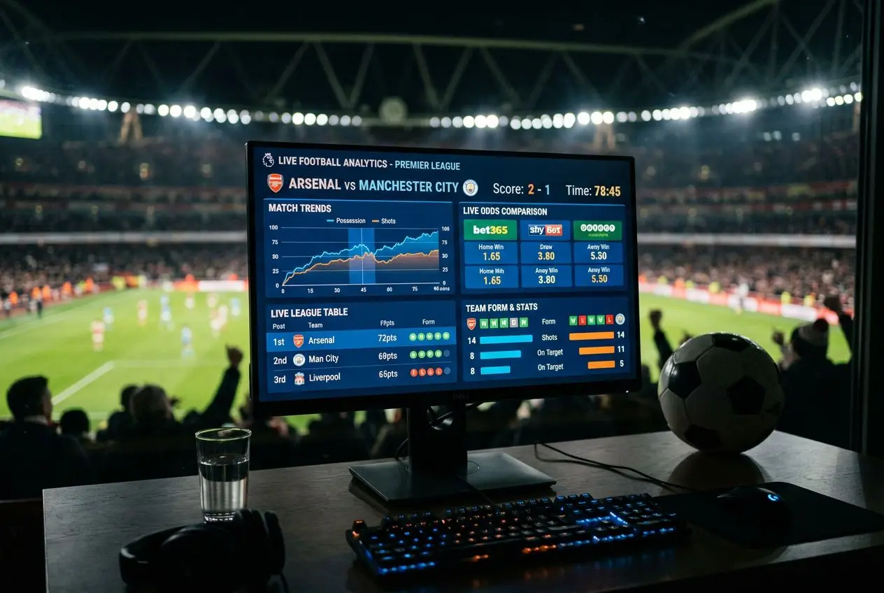 Tableau de bord de suivi en direct d’un match de football affiché sur un écran, avec graphiques et cotes, dans un studio de sports. football pronostic intégré naturellement.