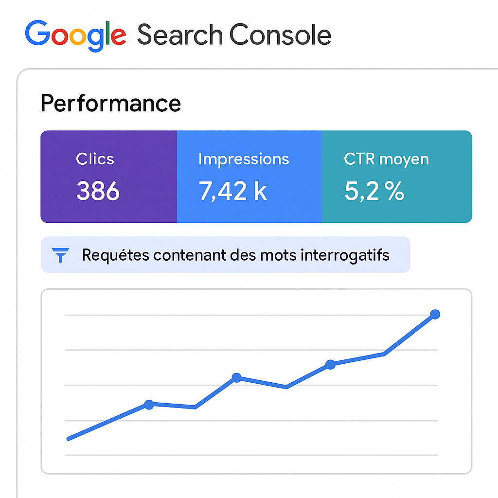 Capture d'écran de l'interface de Google Search Console montrant le filtrage des requêtes de longue traîne ou des questions pour l'analyse des performances.