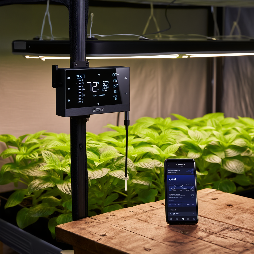 Contrôleur intelligent AC Infinity installé sur une tente de culture intérieure moderne avec plantes verdoyantes.