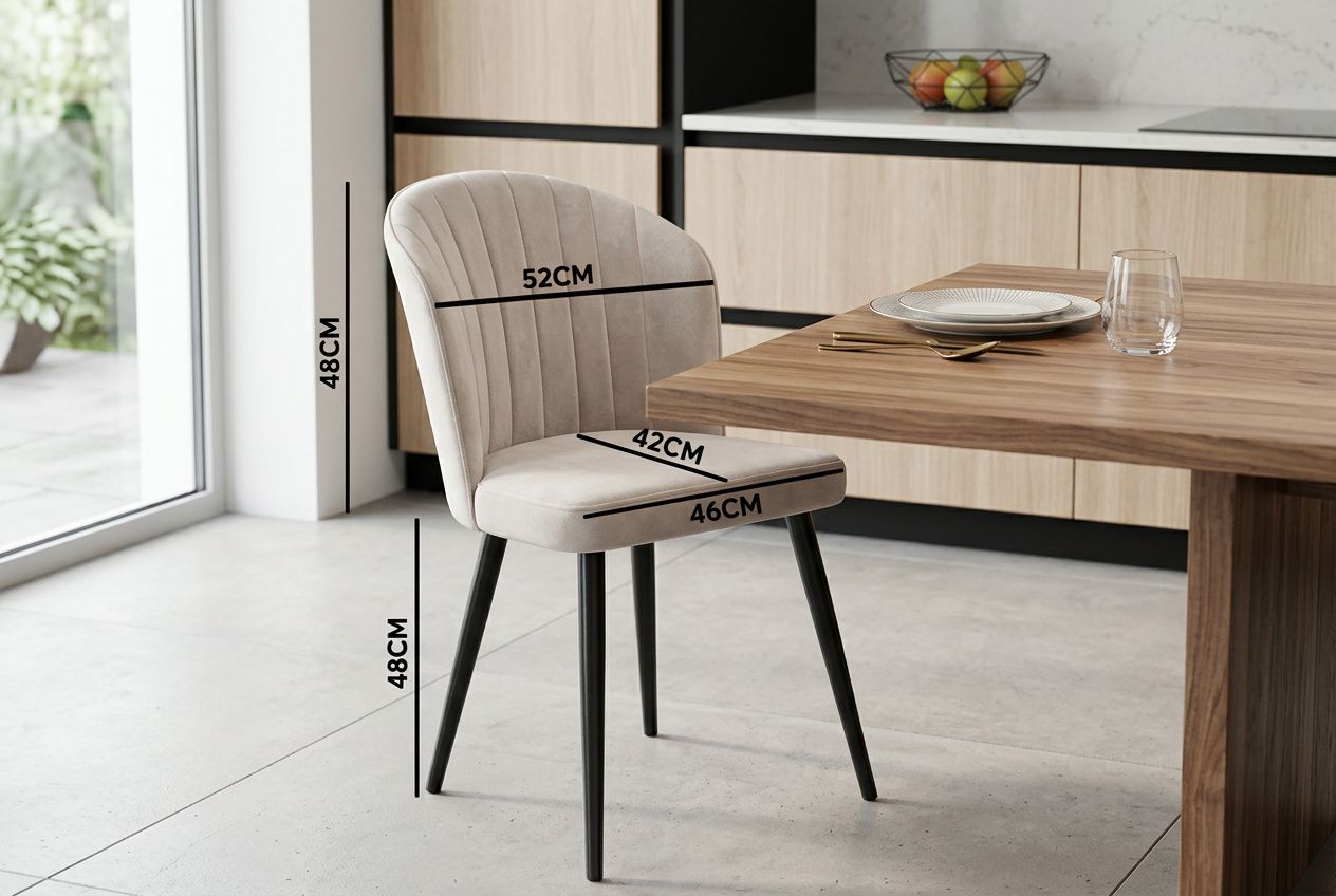 Chaise et tabouret de bar modernes en velours clair près d'une table en bois, dimensions indiquées (52 cm, 42 cm, 46 cm, 48 cm).