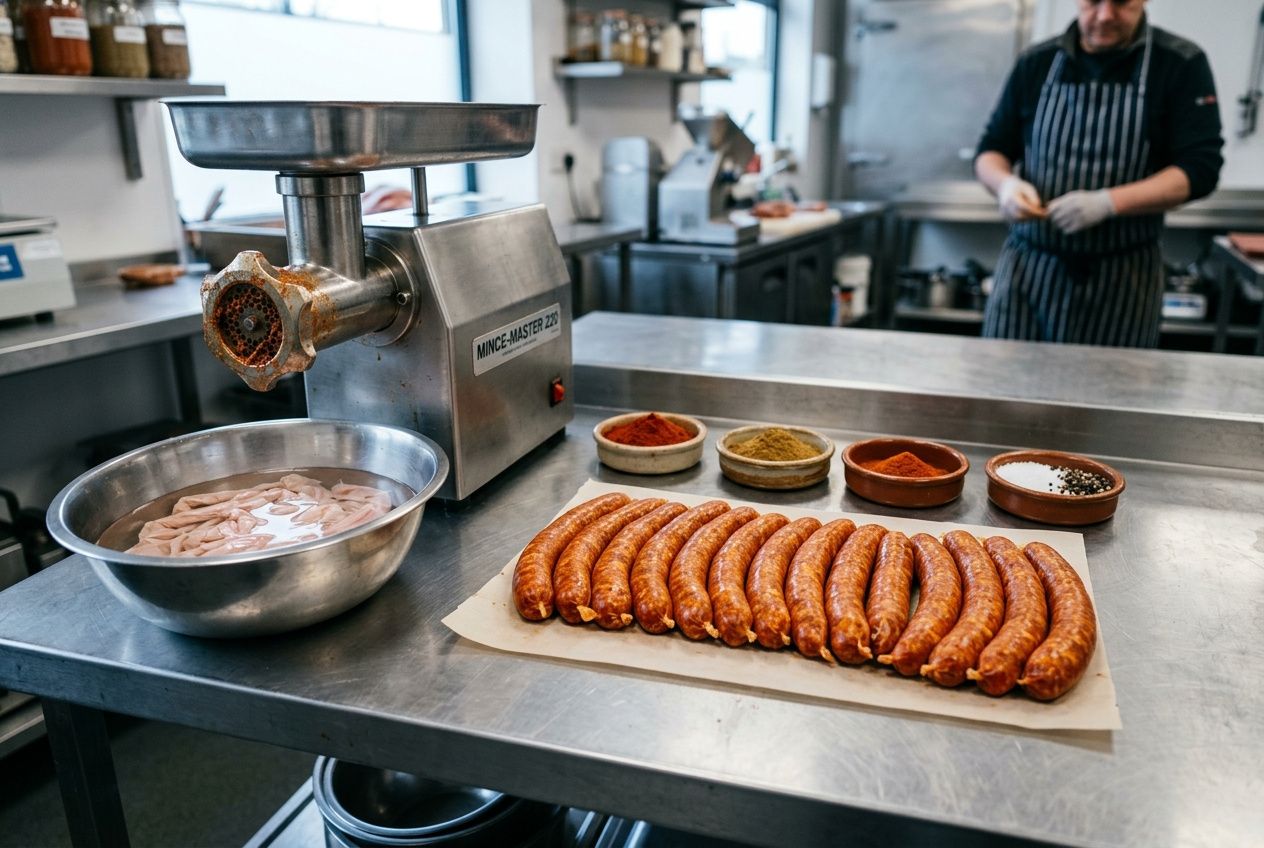 Saucisses merguez alignées sur papier pâtisserie, découpeuse et ingrédients en épices à côté, cuisine professionnelle en arrière-plan. Techniques préparation merguez professionnelle