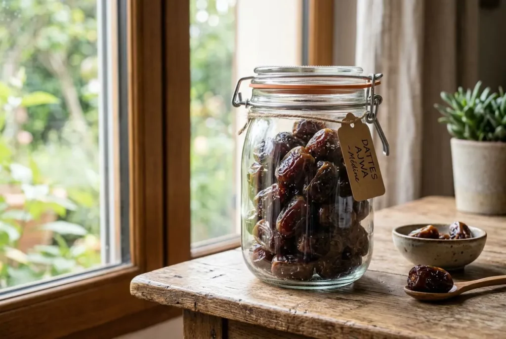Dattes maison dans un bocal hermétique posé sur une table en bois près d’une fenêtre, prêt à être conservé. comment conserver la purée de dattes intégrée naturellement.