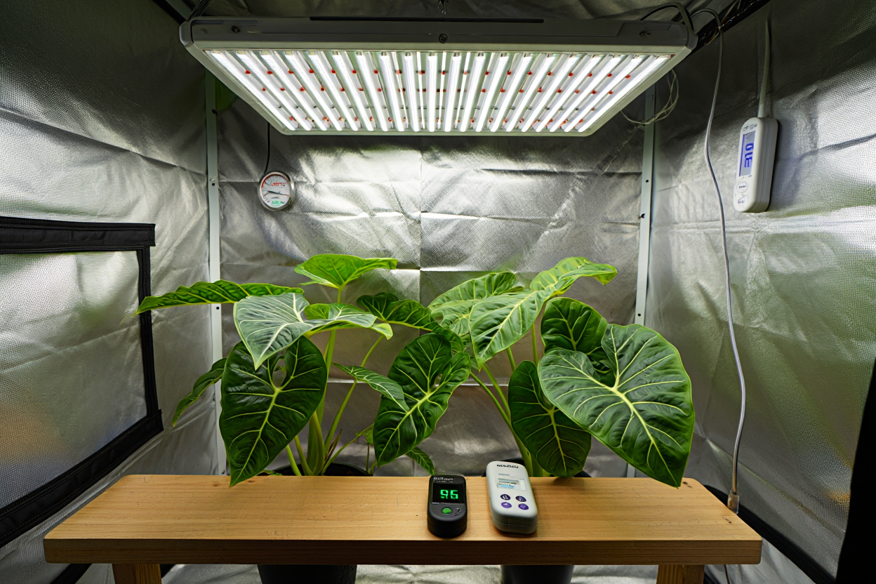 Installation LED pour alocasia en intérieur