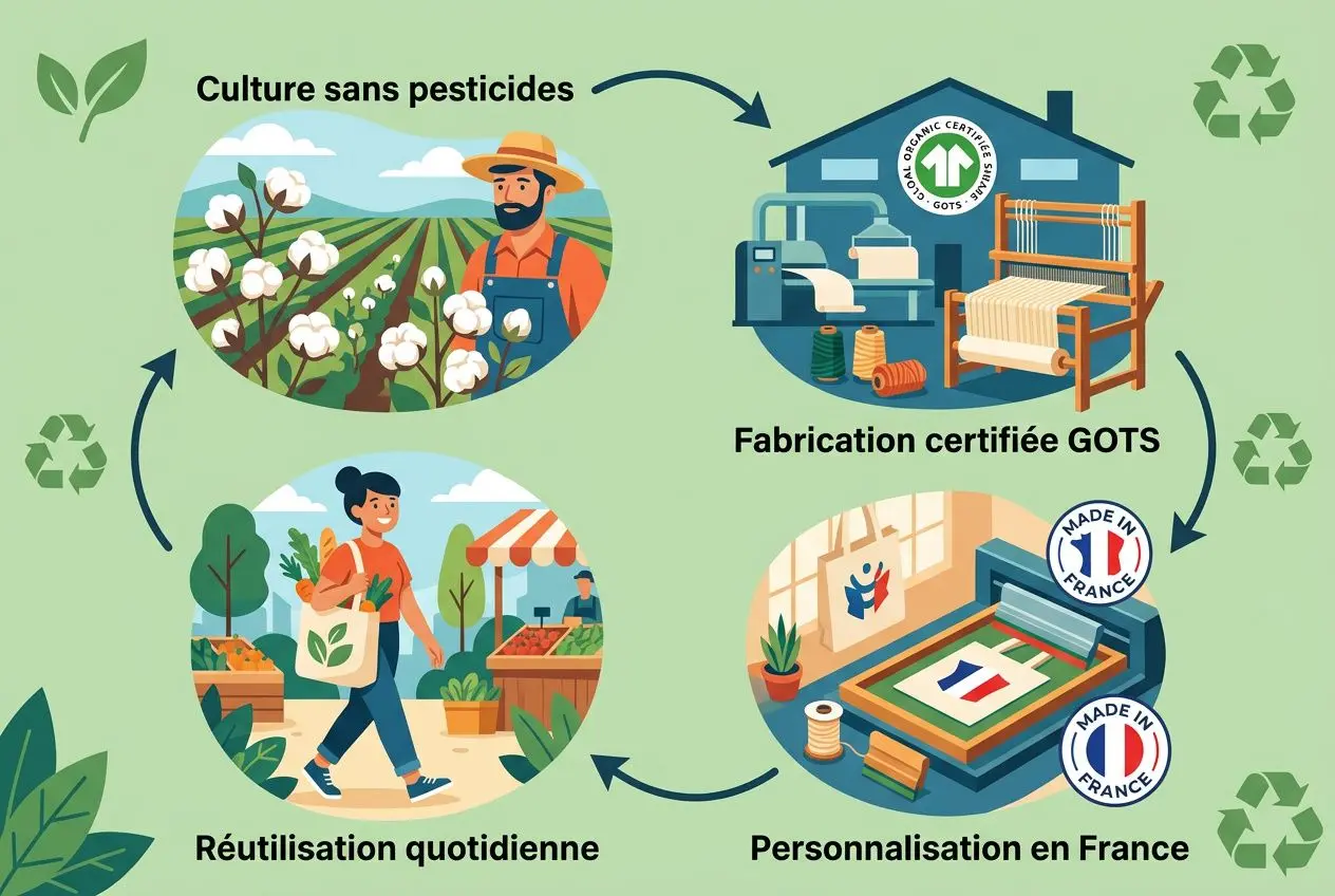 Tote bag coton bio personnalisé : schéma circulaire montrant fabrication certifiée GOTS, impression en France et réutilisation quotidienne.