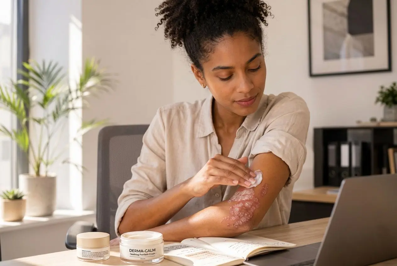 Jeune femme appliquant une crème sur son bras écailleux en milieu professionnel, avec pots de soin et carnet ouvert. psoriasis et problèmes intestinaux.