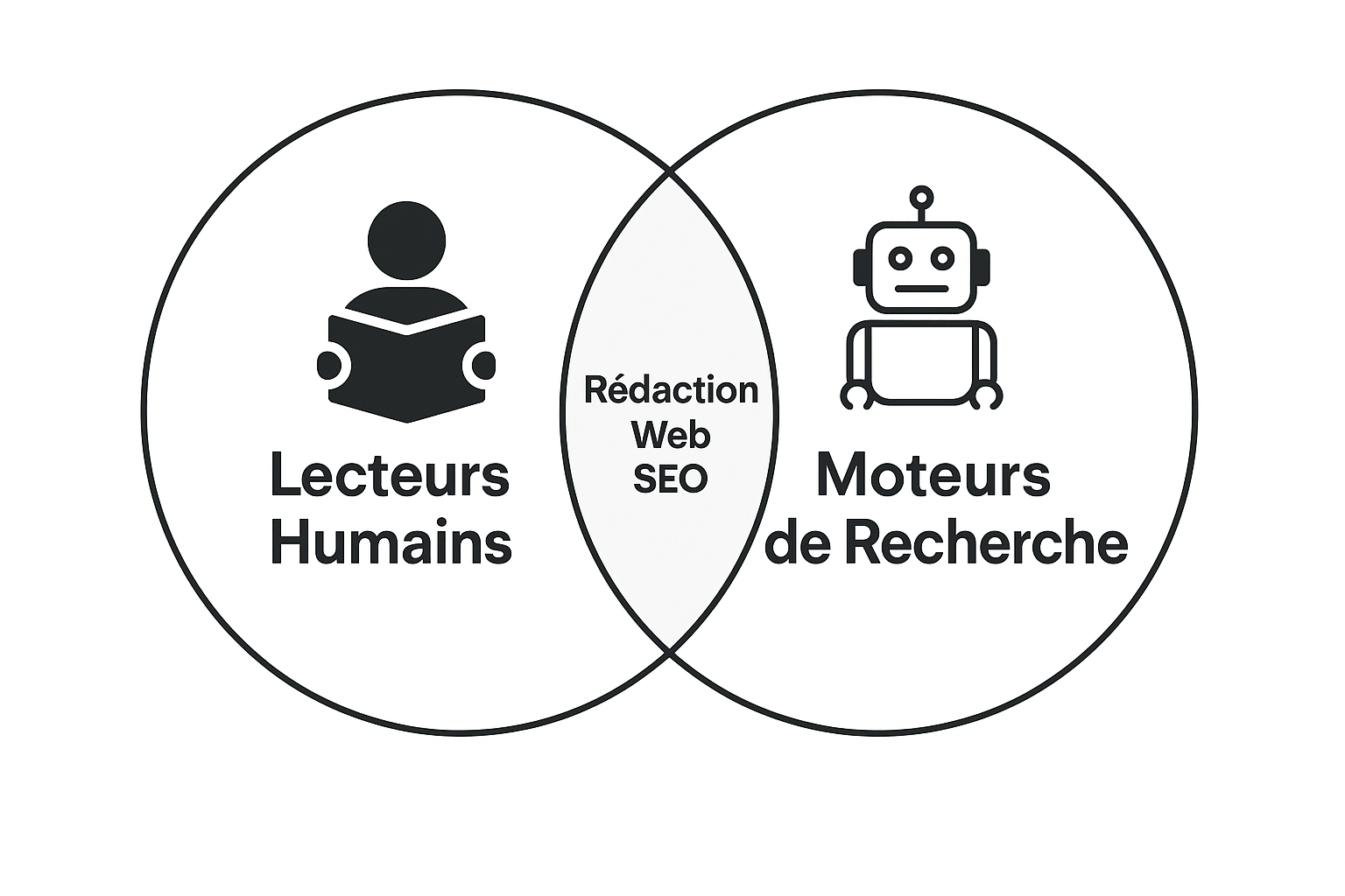 Diagramme illustrant la rédaction web SEO comme l'intersection entre les attentes des lecteurs et les exigences des moteurs de recherche.