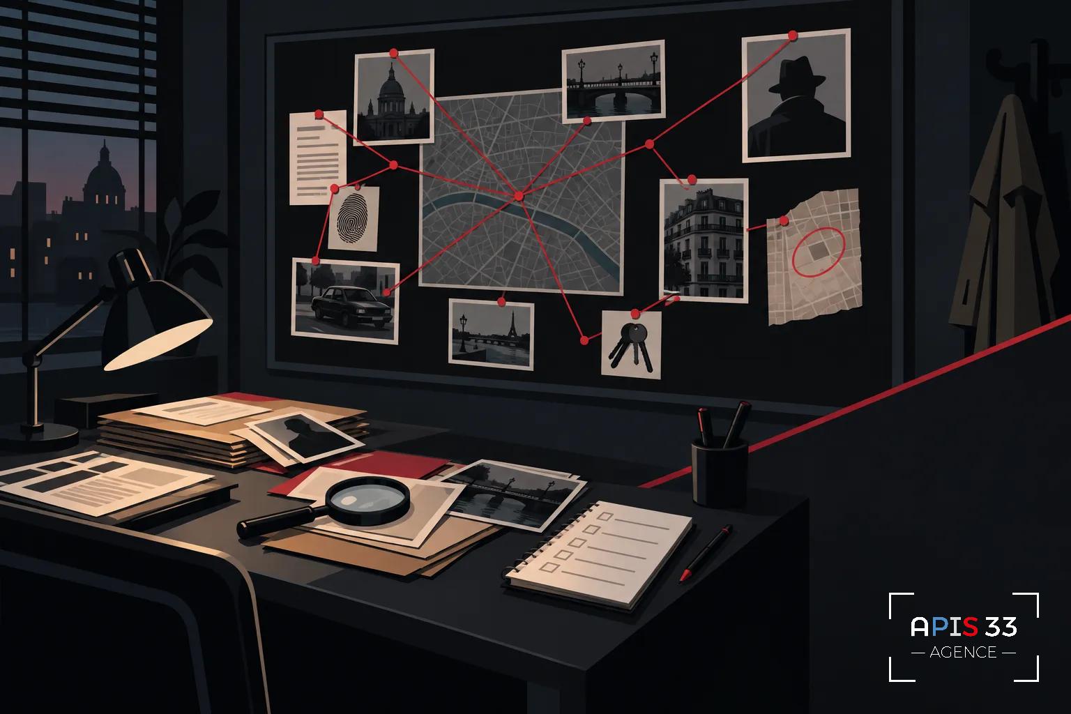 Une table de détective avec des documents, une loupe, des photos et une grande carte reliée par des ficelles sur le mur.
