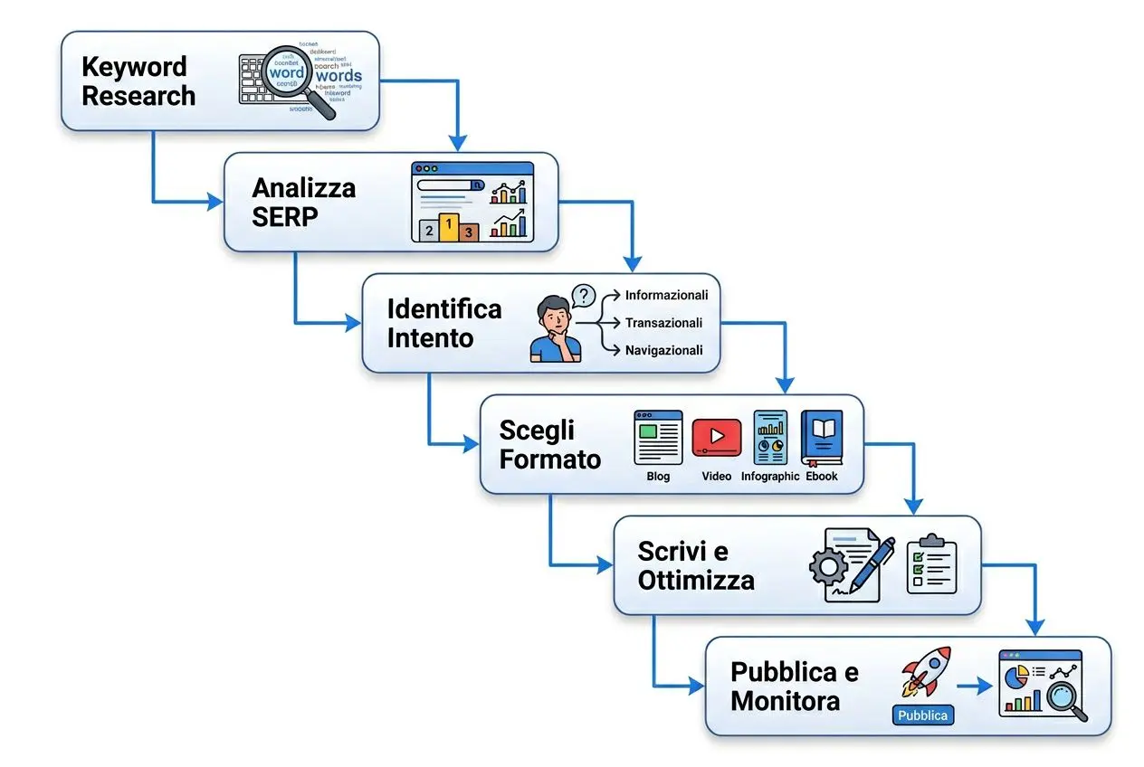 Diagramma di processo SEO copywriting: ricerca parole chiave, analizza SERP, identifica intento, scegli formato, scrivi/ottimizza, pubblica e monitora. intento di ricerca copywrit integrato naturalmente.