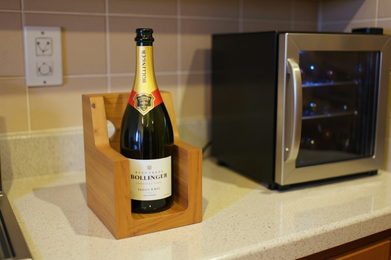 Un rack de conservation pour vins effervescents, sur un plan de cuisine à côté d’une cave à vin réglée à 10°C, gardant une bouteille ouverte au frais.