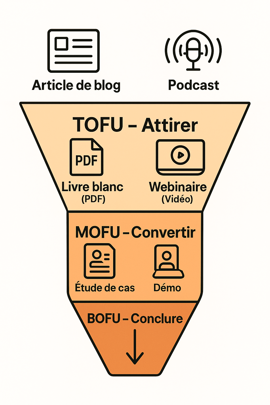 Schéma de l'entonnoir de conversion inbound avec les étapes TOFU, MOFU, BOFU et les types de contenu associés à chaque phase.