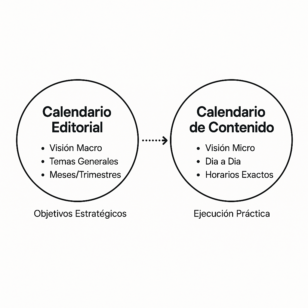 Diagrama comparando el Calendario Editorial (visión macro y estratégica) con el Calendario de Contenido (visión micro y ejecución diaria).