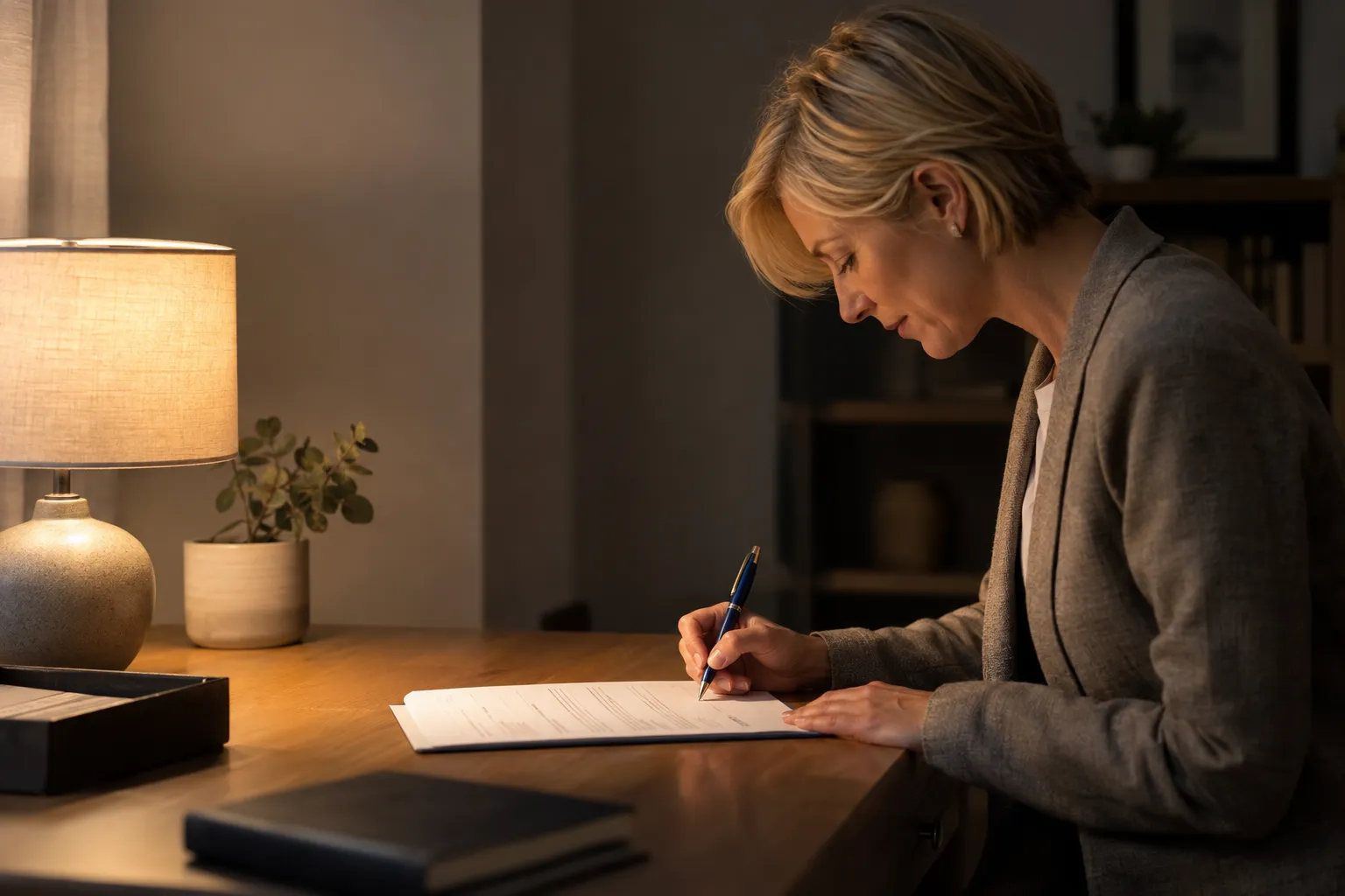 Femme en blazer écrit des documents sur un bureau, ambiance lumineuse chaleureuse, attestation conformité vmc réglementaire en cours de rédaction.