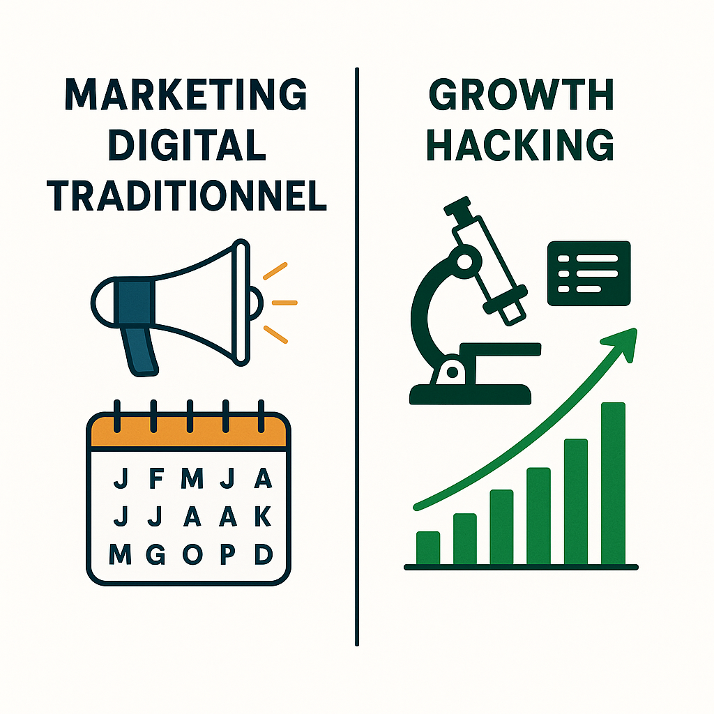Infographie comparant les approches du marketing digital traditionnel et du growth hacking.