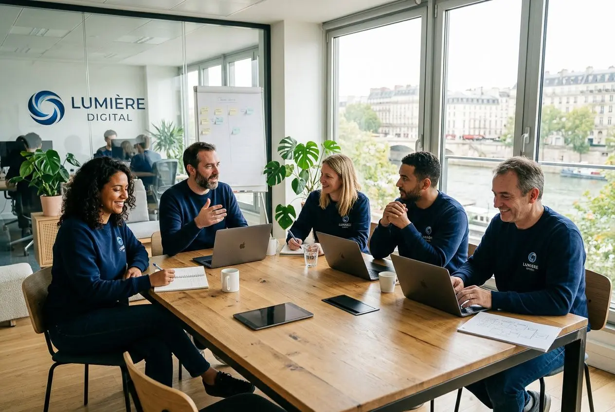 Réunion d'équipe autour d'une table en bois, laptops et notes, dans un espace lumineux avec logo Lumière Digital. Inclut le cadre de travail et plantes. Comment renforcer l'image de marque d'une entreprise.