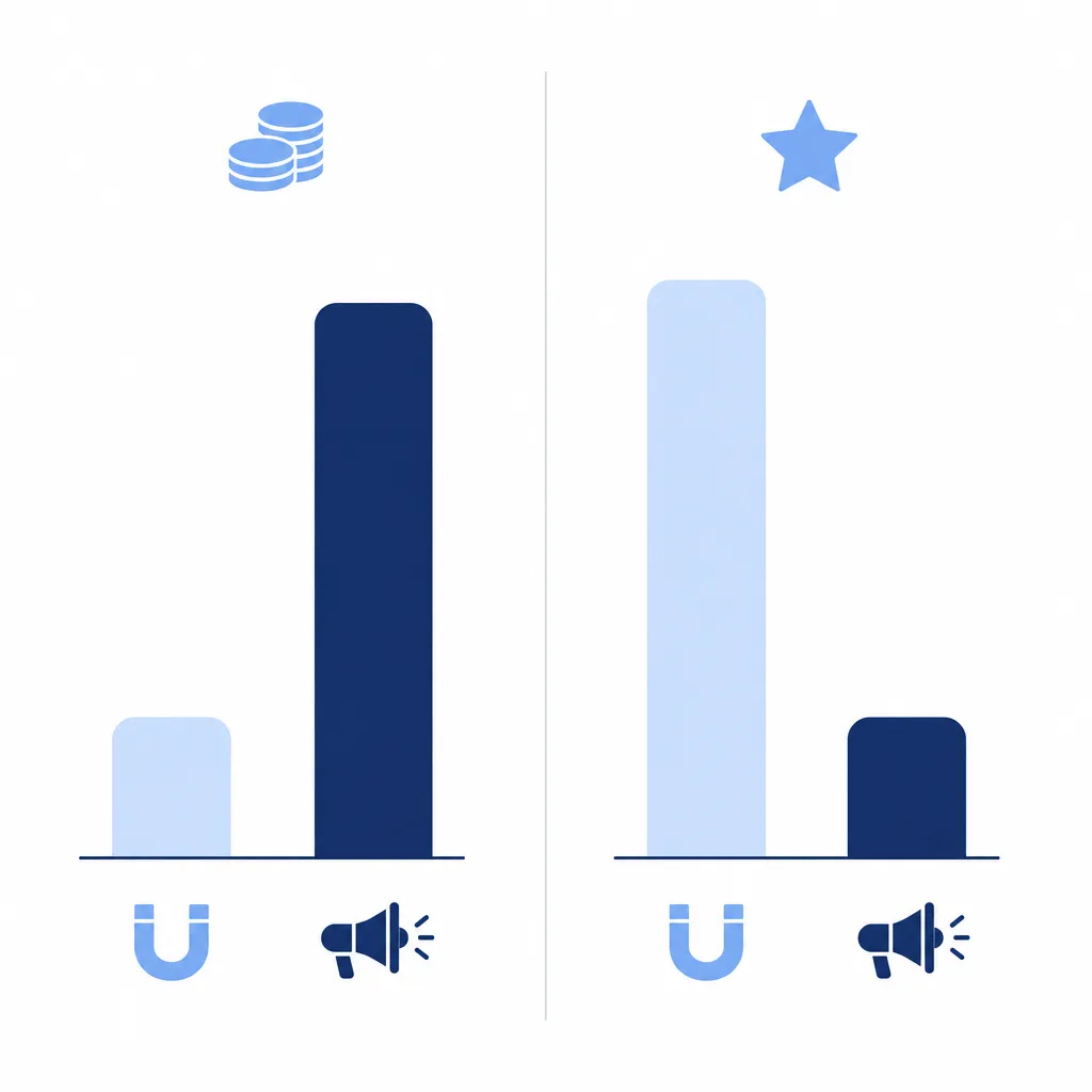 Illustration à deux panneaux comparant des barres repérées par un aimant et un mégaphone : coût par lead à gauche, qualité à droite.