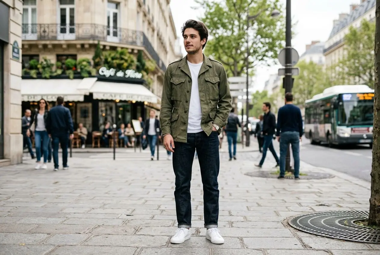 Homme portant une veste militaire olive assortie à un t-shirt blanc, jeans noirs et sneakers blancs en style street au centre d’une rue urbaine. choisir sa veste militaire pour le style mode.