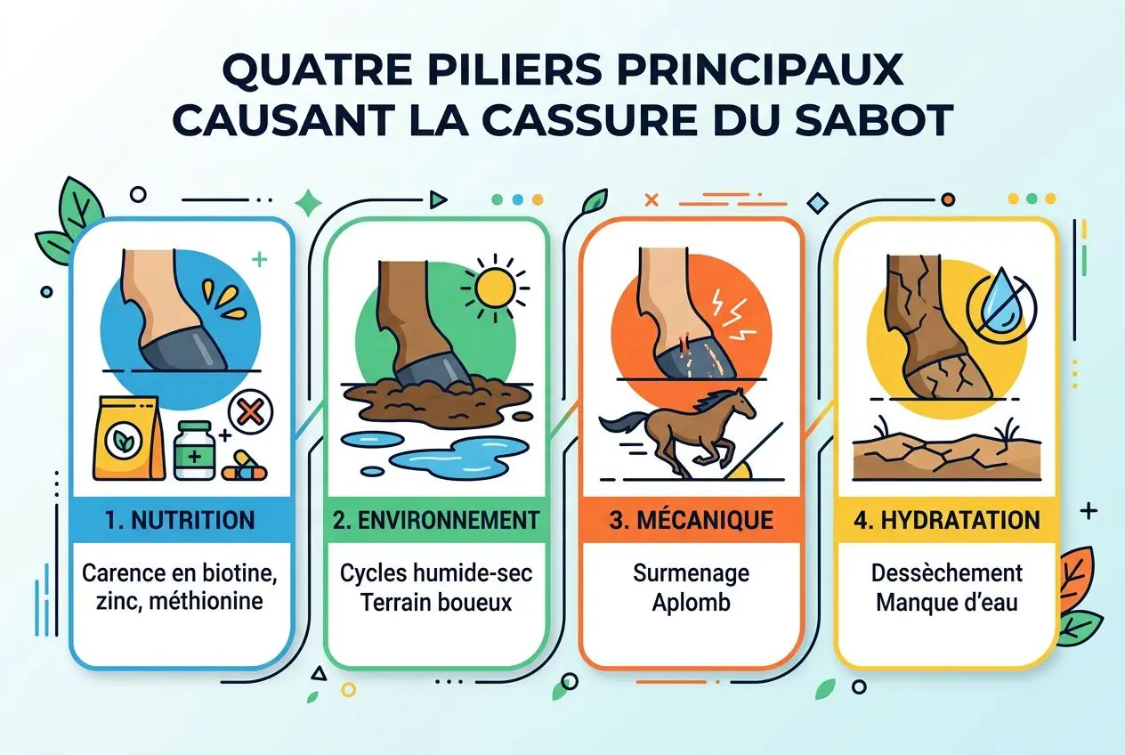 Diagramme illustrant les quatre piliers principaux causant la cassure du sabot chez le cheval : 1) Nutrition insuffisante, 2) Environnement humide et terrain boueux, 3) Mécanique (suramenage, aplomb), 4) Hydratation faible et dessèchement. Sabots secs et cassants visiblement sur la photo.