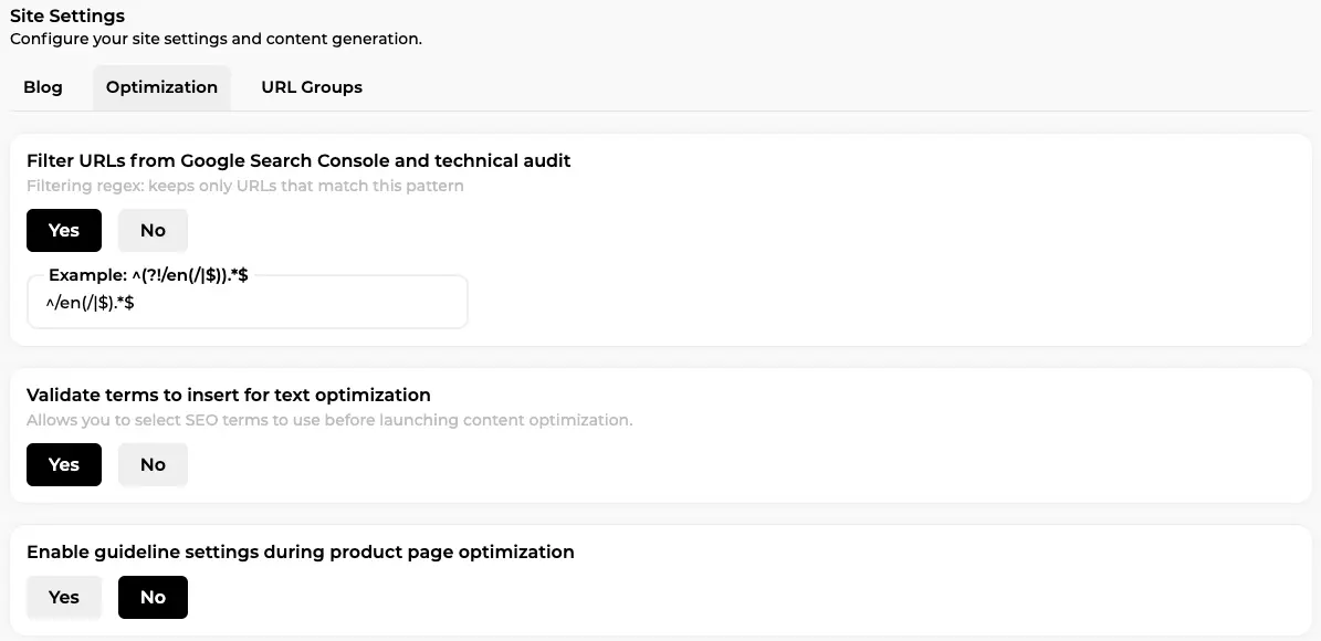 Site Settings, Optimization tab: URL regex filter, validate terms to insert option and guideline settings for product page optimisation