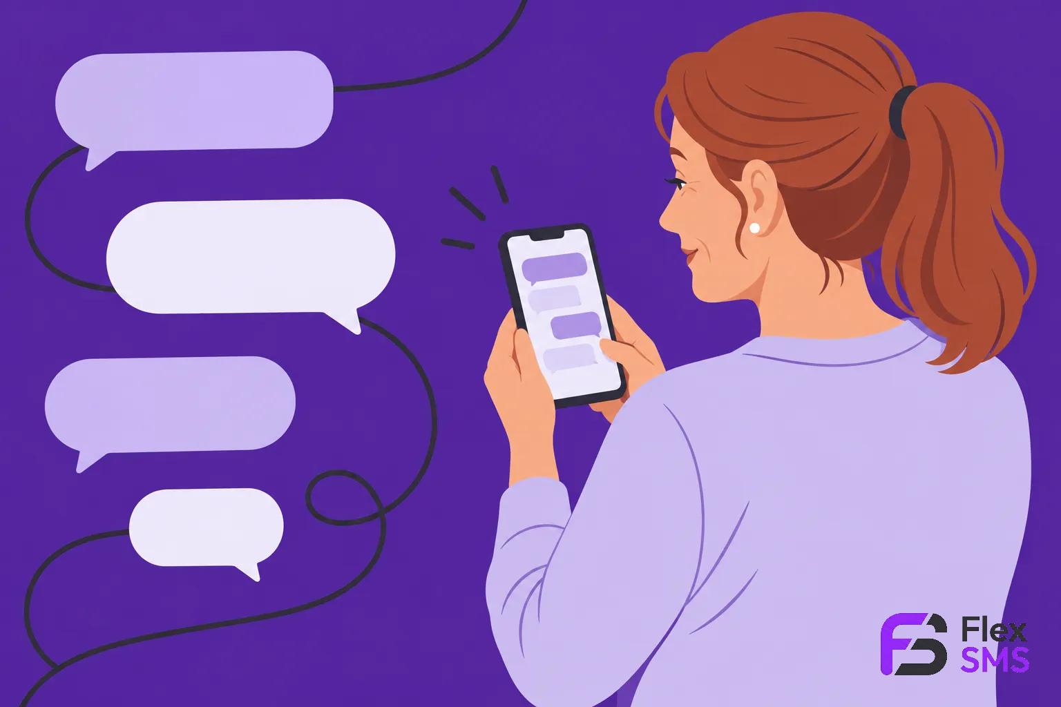 Une femme regarde son smartphone, entourée de bulles de dialogue violettes.