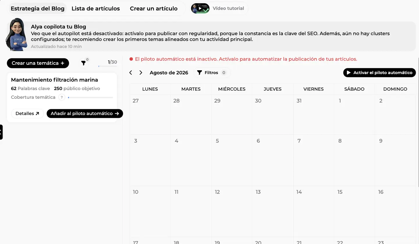 Pantalla Estrategia del Blog de Sedestral: temáticas y cobertura a la izquierda, calendario editorial y piloto automático a la derecha