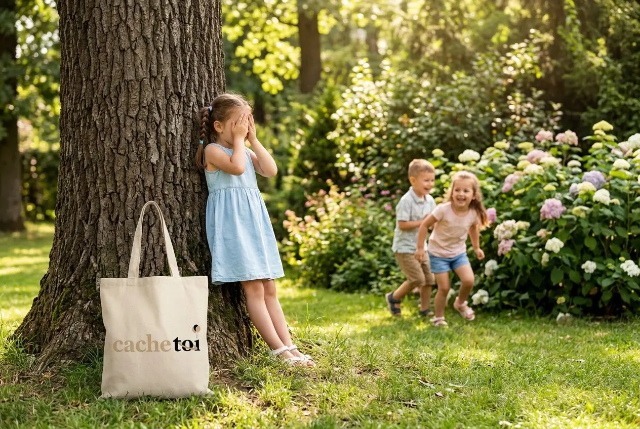 Jeune fille se couvrant les yeux près d’un arbre, tandis que deux autres enfants jouent en arrière-plan; sac en toile posé au pied. Alternative aux écrans enfants.