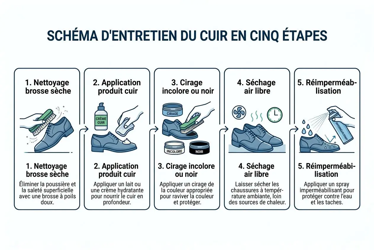 Schéma d’entretien du cuir en cinq étapes pour ranger ou chaussures d’intervention: nettoyage, produit cuir, cirage, séchage et réimpérméabilisation.