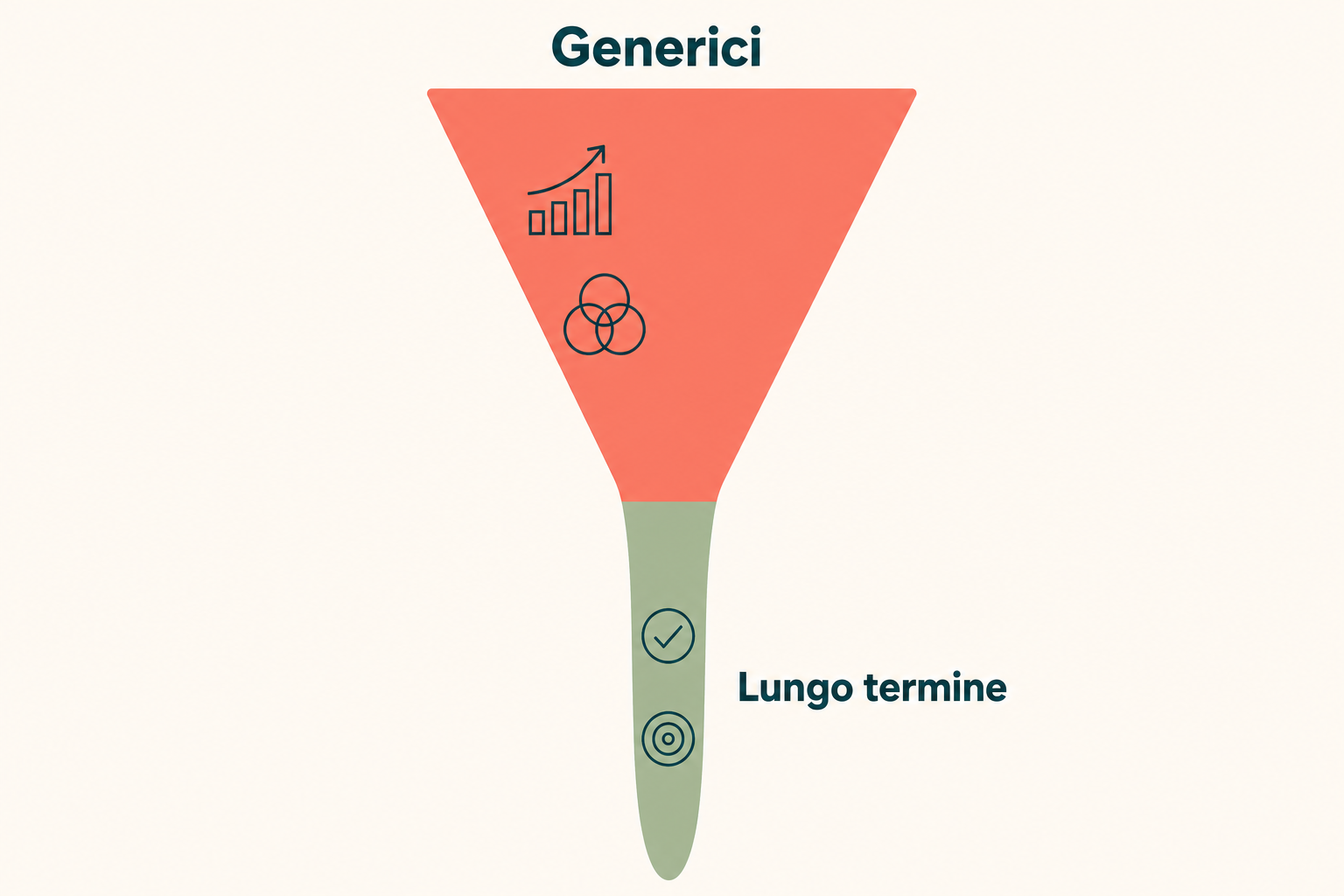 Imbuto verticale: query generiche ad alto volume in cima, coda lunga più stretta e più redditizia in basso.