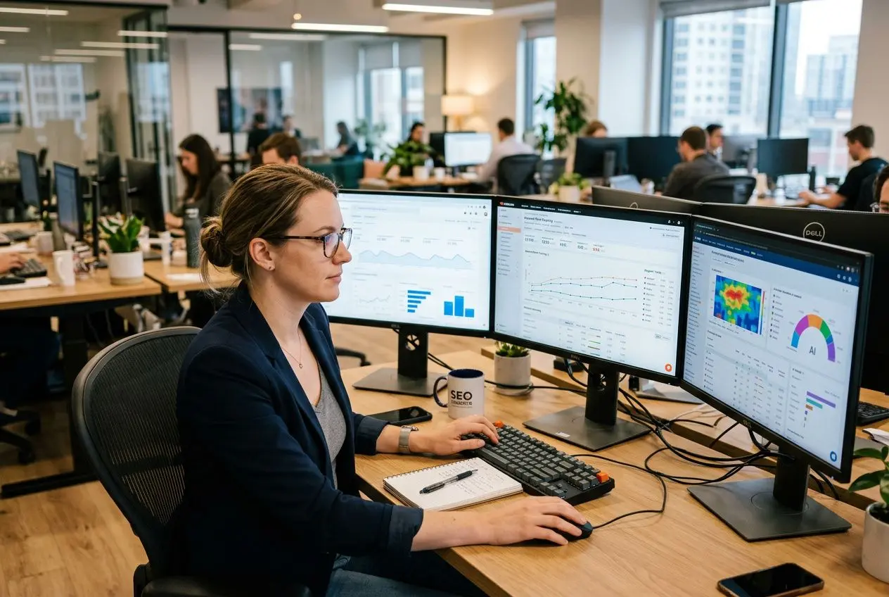 Analityczka pracująca na wielu monitorach z wykresami i danymi, biuro, narzędzia SEO, pracownicy w tle, ai w automatyzacji seo w praktyce.